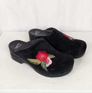 Dansko Black Suede Floral Embroidered Slide Backless Clogs